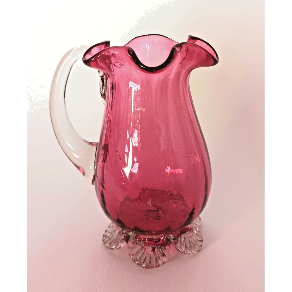 Pilgrim Cranberry Clear Ruffle Footed Glass Creamer Pitcher 4 1/4” Tall Vintage